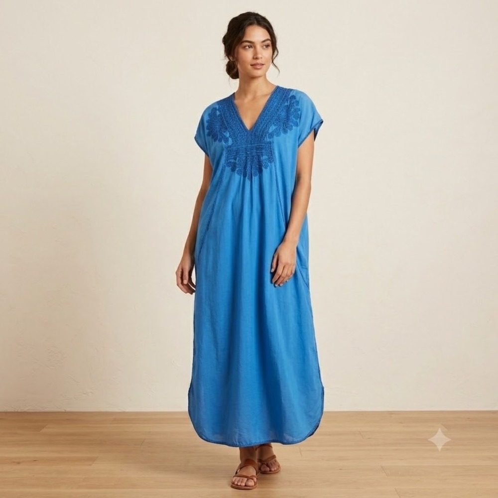 Matta NYC Kaftan Dress Womens One Size Blue Cotton Silk Embroidered Maxi Boho
